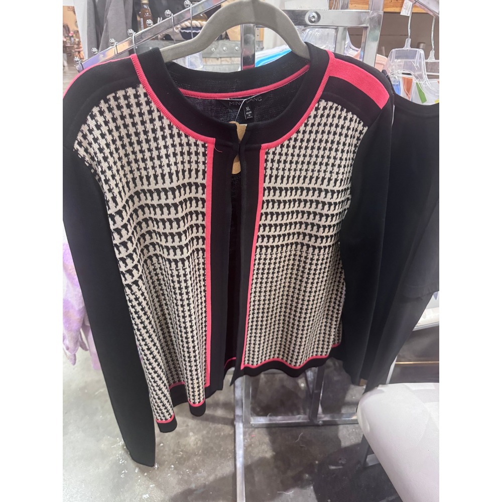 Ming Wang XL Black White Houndstooth Knit Cardigan Sweater Pink Trim - Picture 4 of 5